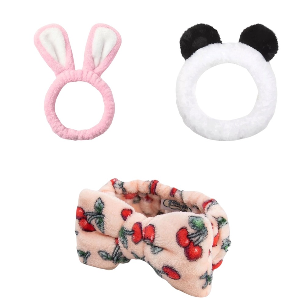 Spa Headband Set Women OS Multicolor NWOT‎ Panda Bunny Cherry 3pk